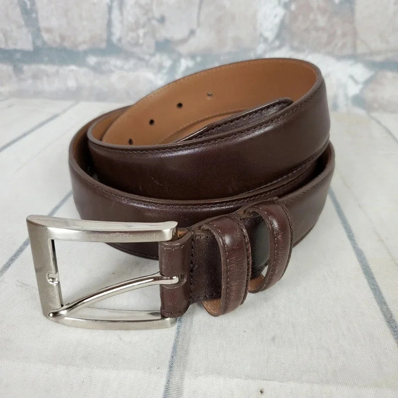Allen Edmonds Leather Belt Chocolate  Brown Silver Buckle Stamped Size 46 - Picture 9 of 11